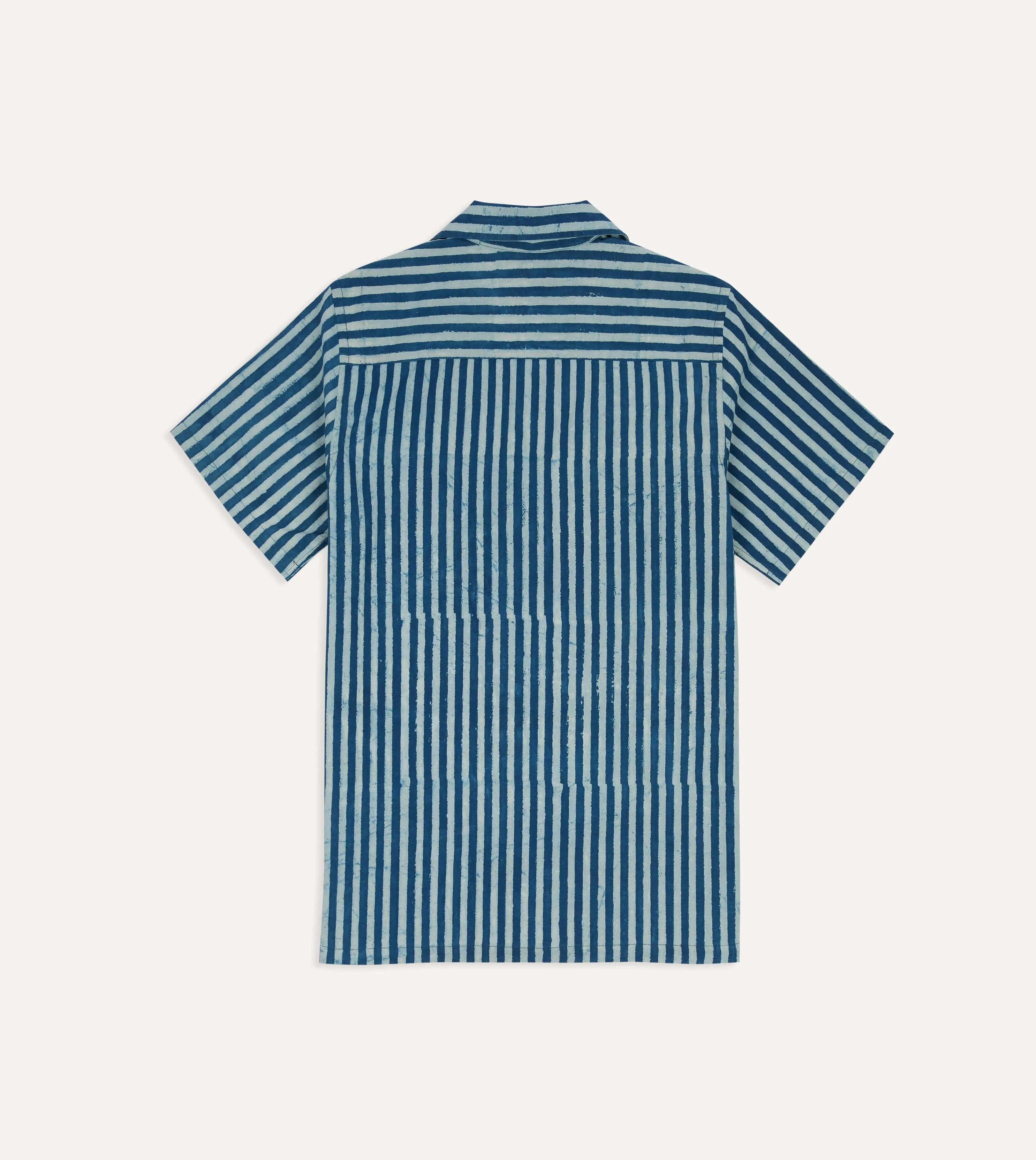 Indigo Stripe Block Print Cotton Camp Collar Short Sleeve Shirt Odor Resistant UV Protective Coating