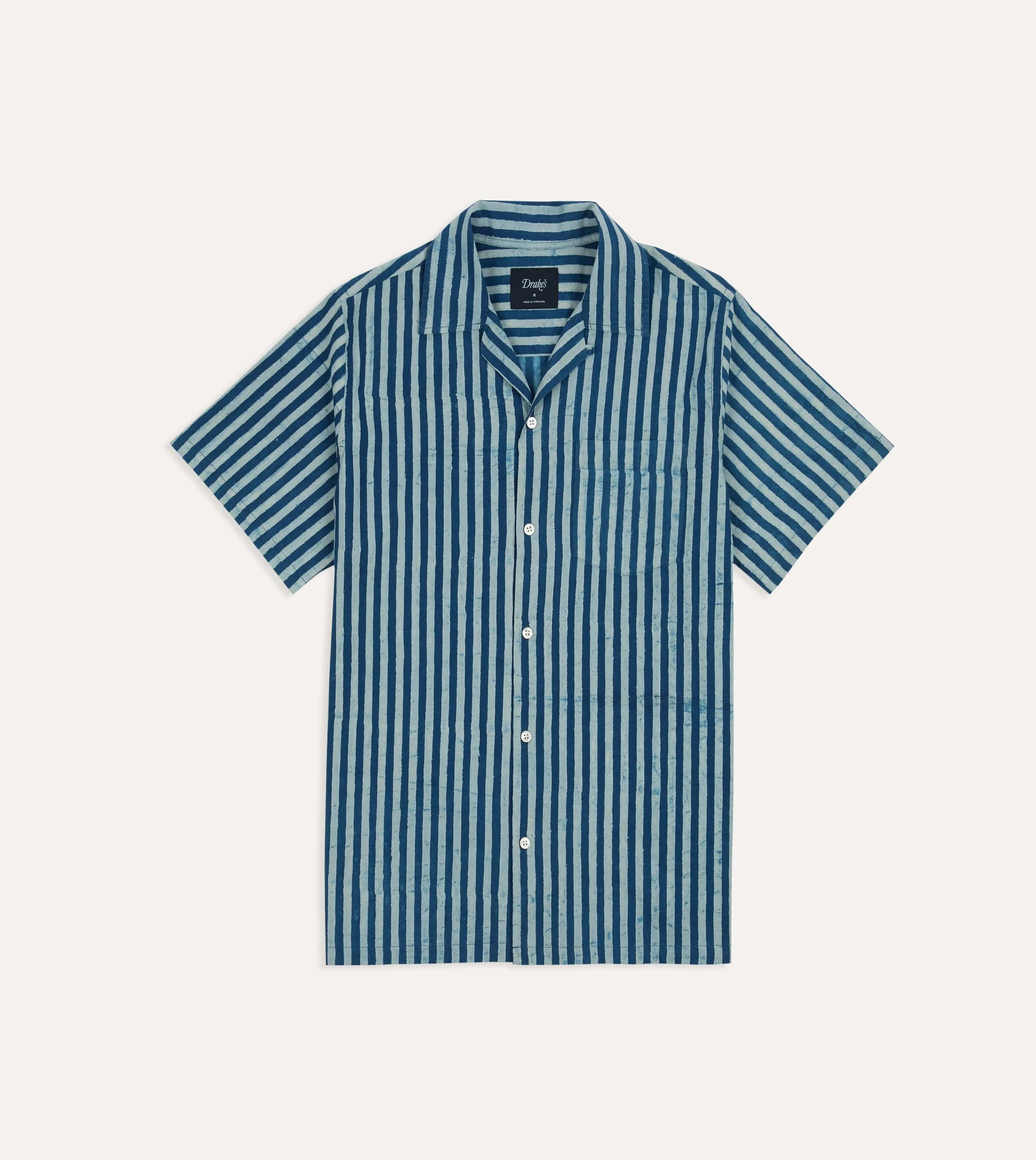 Soft Touch Indigo Stripe Block Print Cotton Camp Collar Short Sleeve Shirt