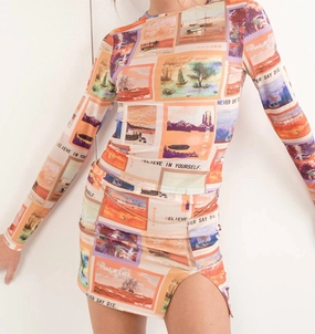 Indio Photo Print Mesh Mini Skirt In Orange  Multi Recycled Polyester