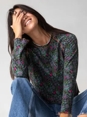 Light Design GarmentDyedTexture Lily Cotton Long Sleeve Tee Shirt - Dark Blue Garden