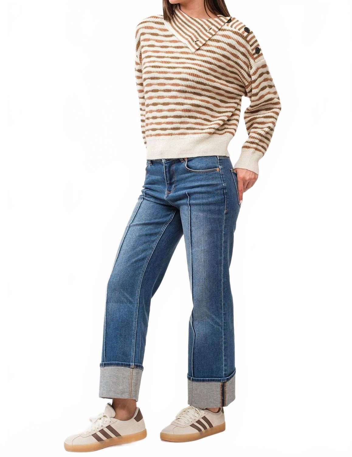 Perfect Warmth Stylish Knit Layer Ingrid Button Striped Sweater In Cafe