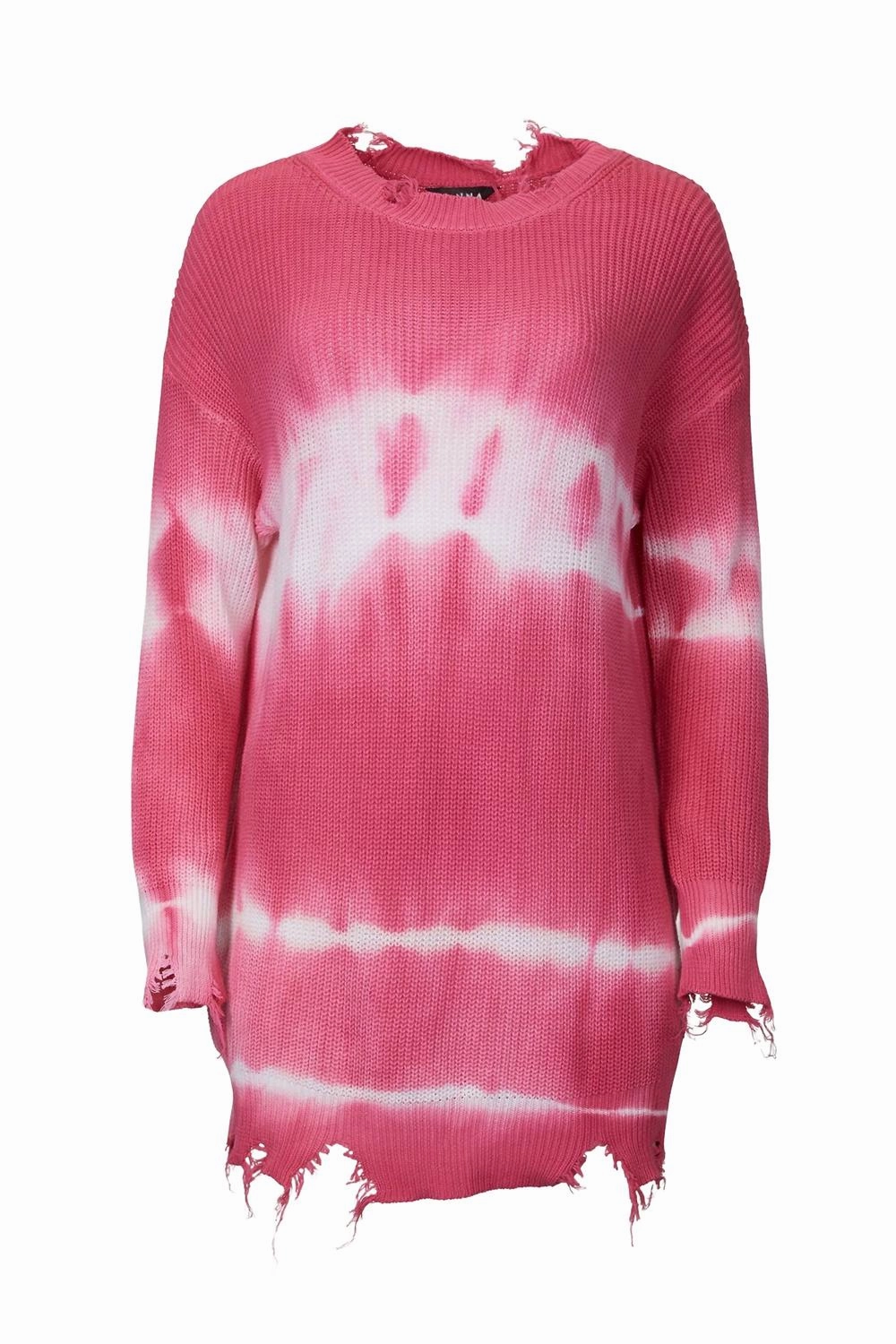 Cozy Design Distressed Tie-Dye Cotton Sweater In Hot Pink