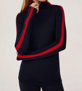 Jackson Full Length Turtleneck Top In Indigo/red Versatile Layering Piece Cozy Everyday