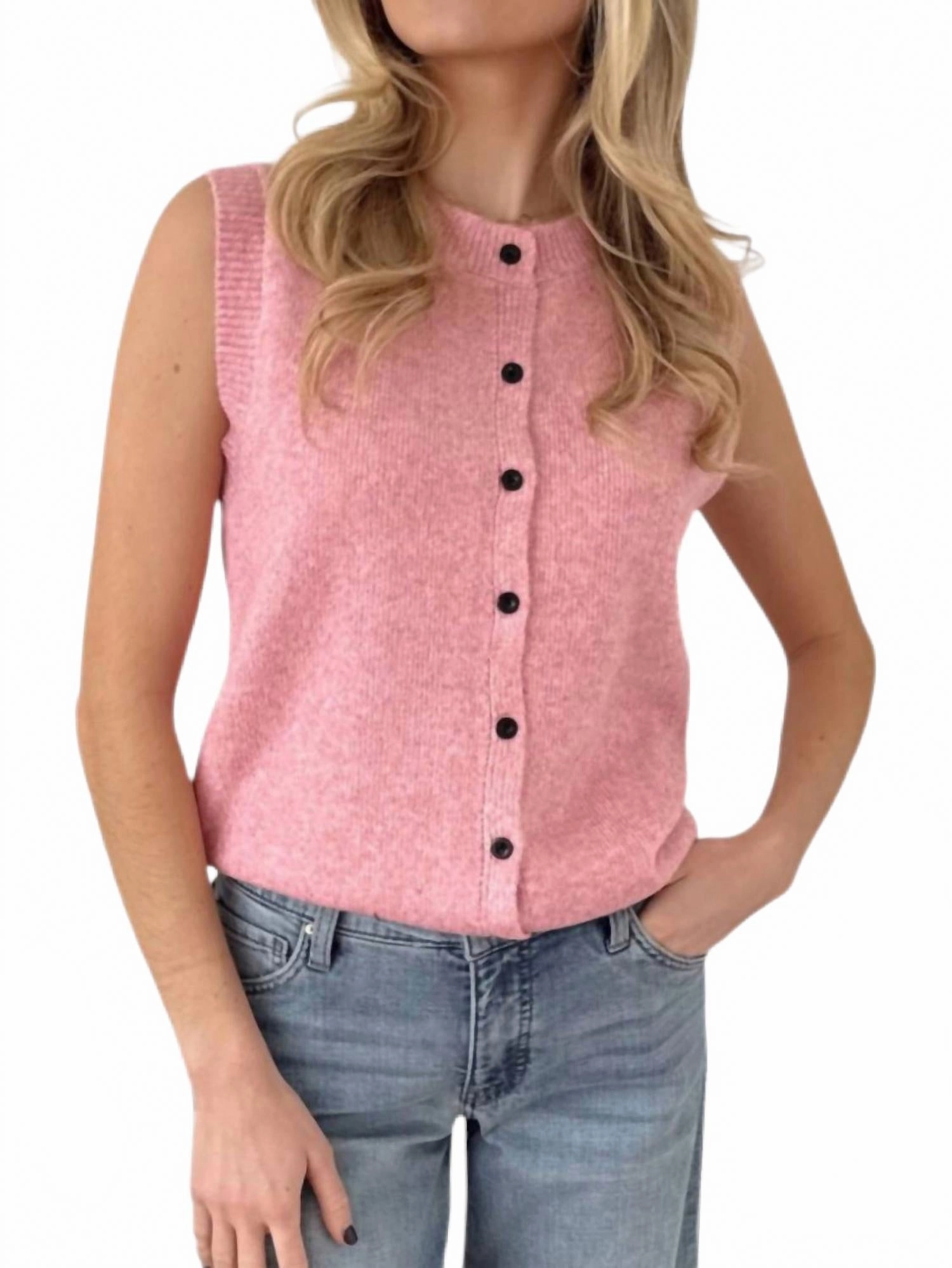 Jae Sleeveless Button Down Sweater In Pink Cozy Wardrobe