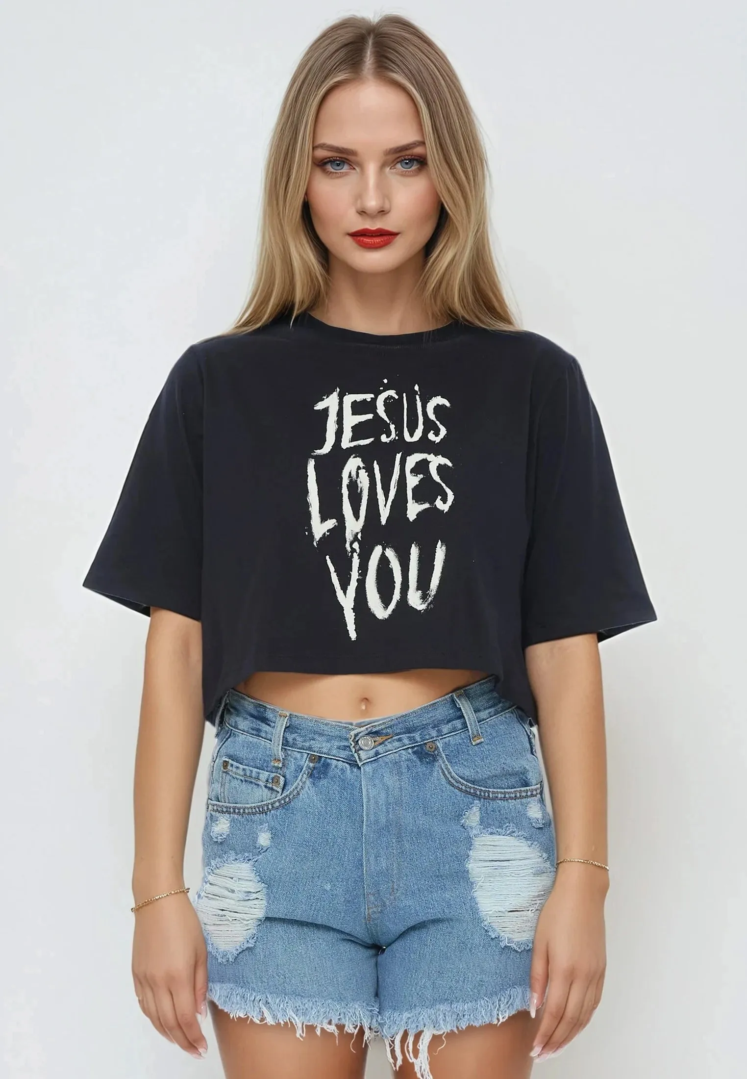 Chic Outfit JESUS LOVES YOU CROP TOP BLACK