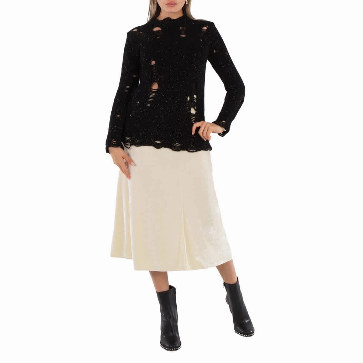 Statement Color Seamless Design Jil Sander Ladies Cosmic Latte Low Waist Velvet A-line Midi Skirt, Brand Size 34 (US Size 2)