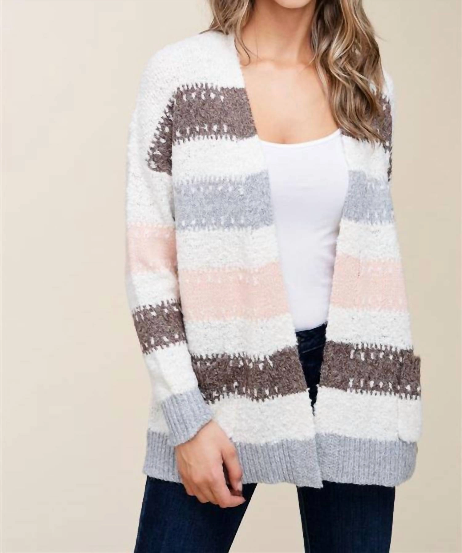 Cold Comfort Biodegradable Fiber Option Jillian Open Front Sweater Cardigan In Oatmeal/brown