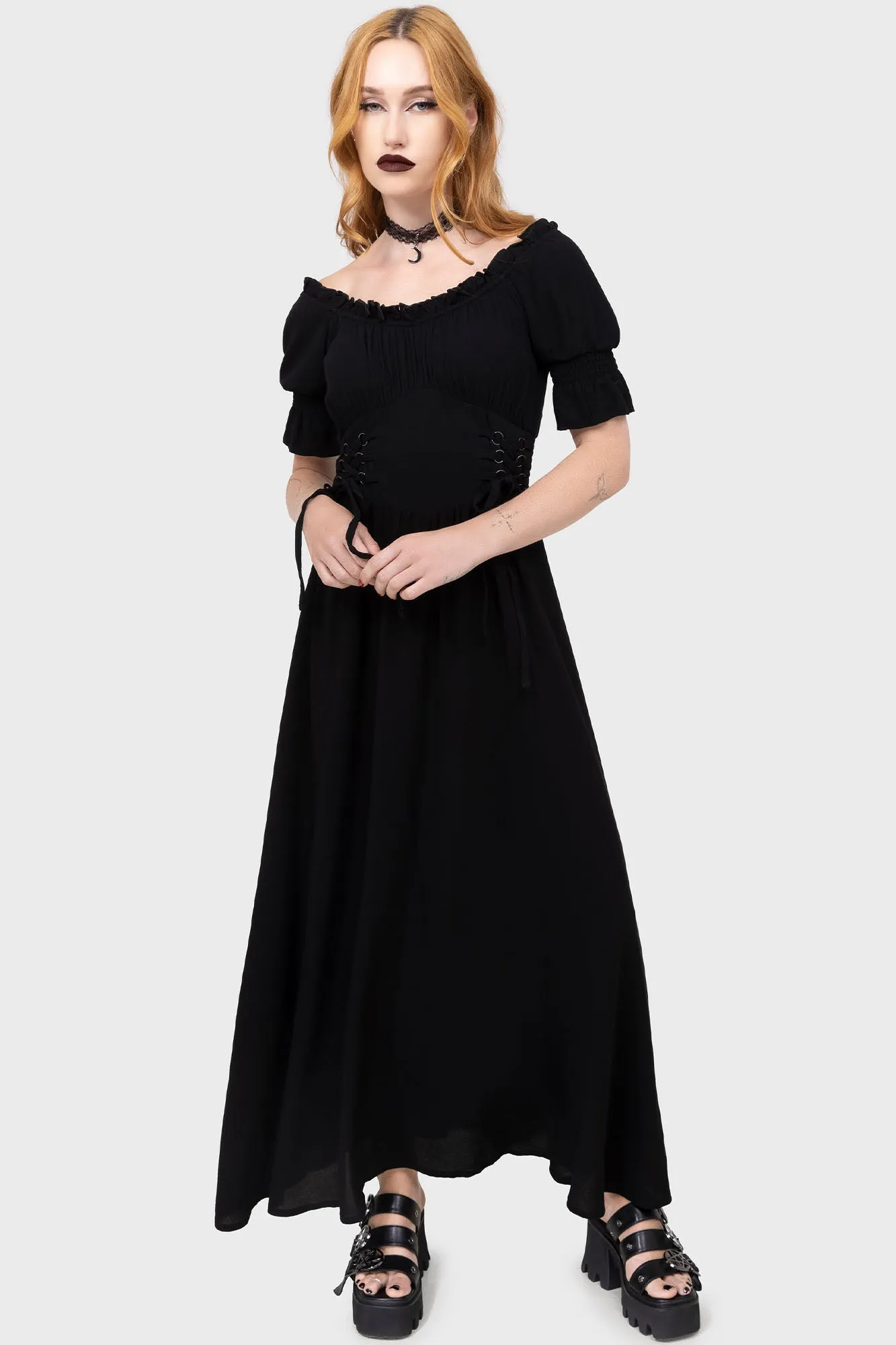 Simple Flow Refined Style Jocasta Maxi Dress Short Sleeve [BLACK]