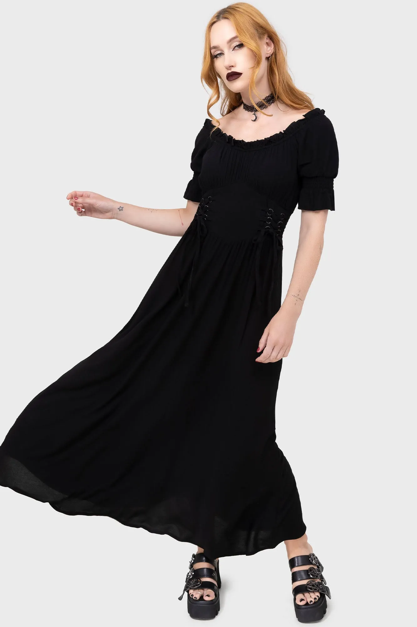 Luxe Mood Business casual Jocasta Maxi Dress Short Sleeve [BLACK]