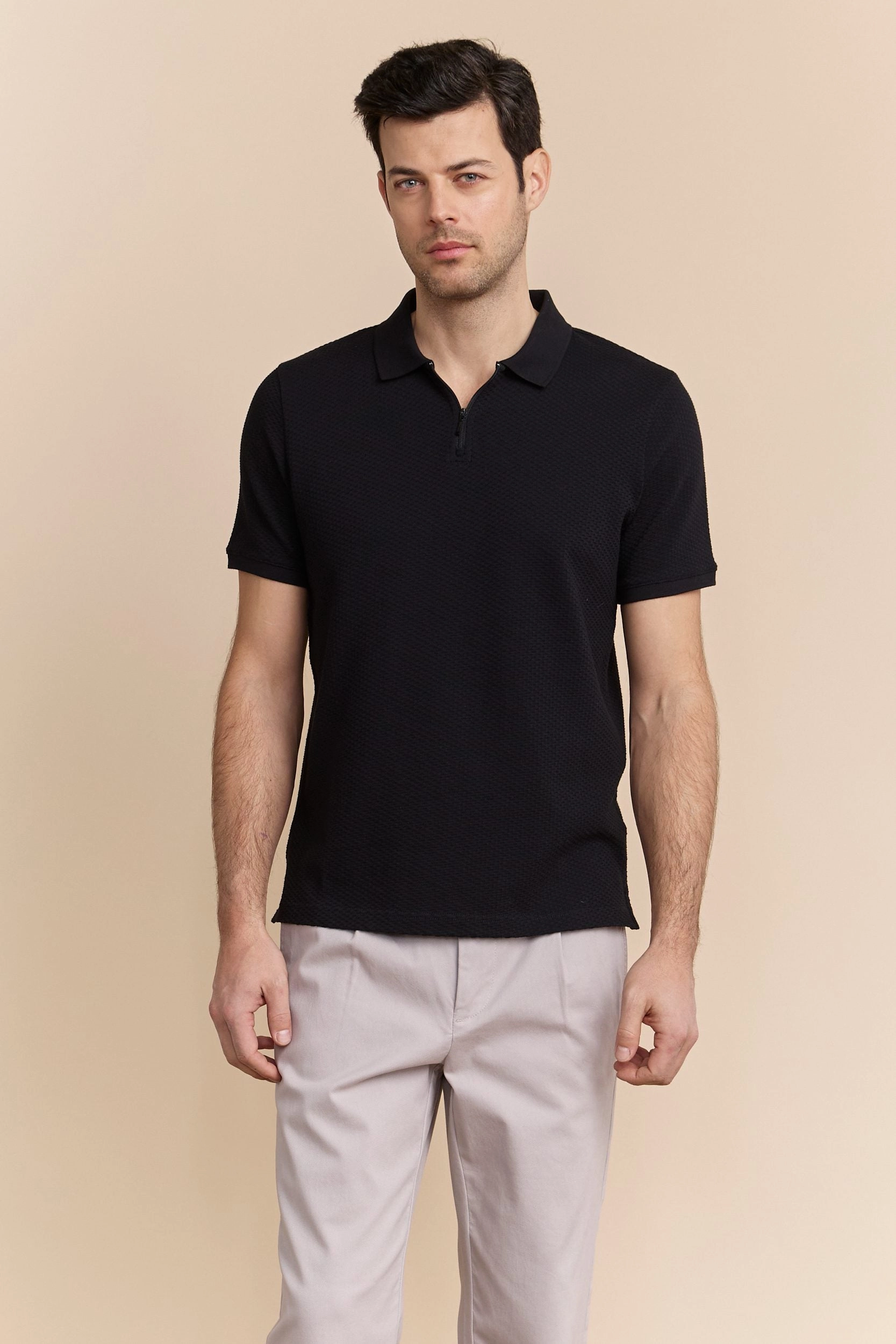 Johnny-collar jacquard polo Unstructured Silhouette Sleek Layering