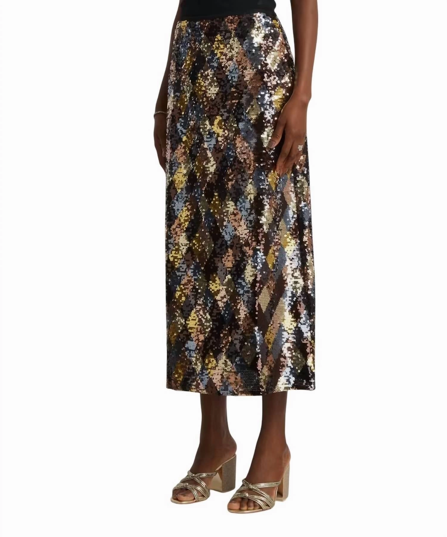Asymmetrical Cut Road Trip Kelly Harlequin Sequin Skirt In Gold