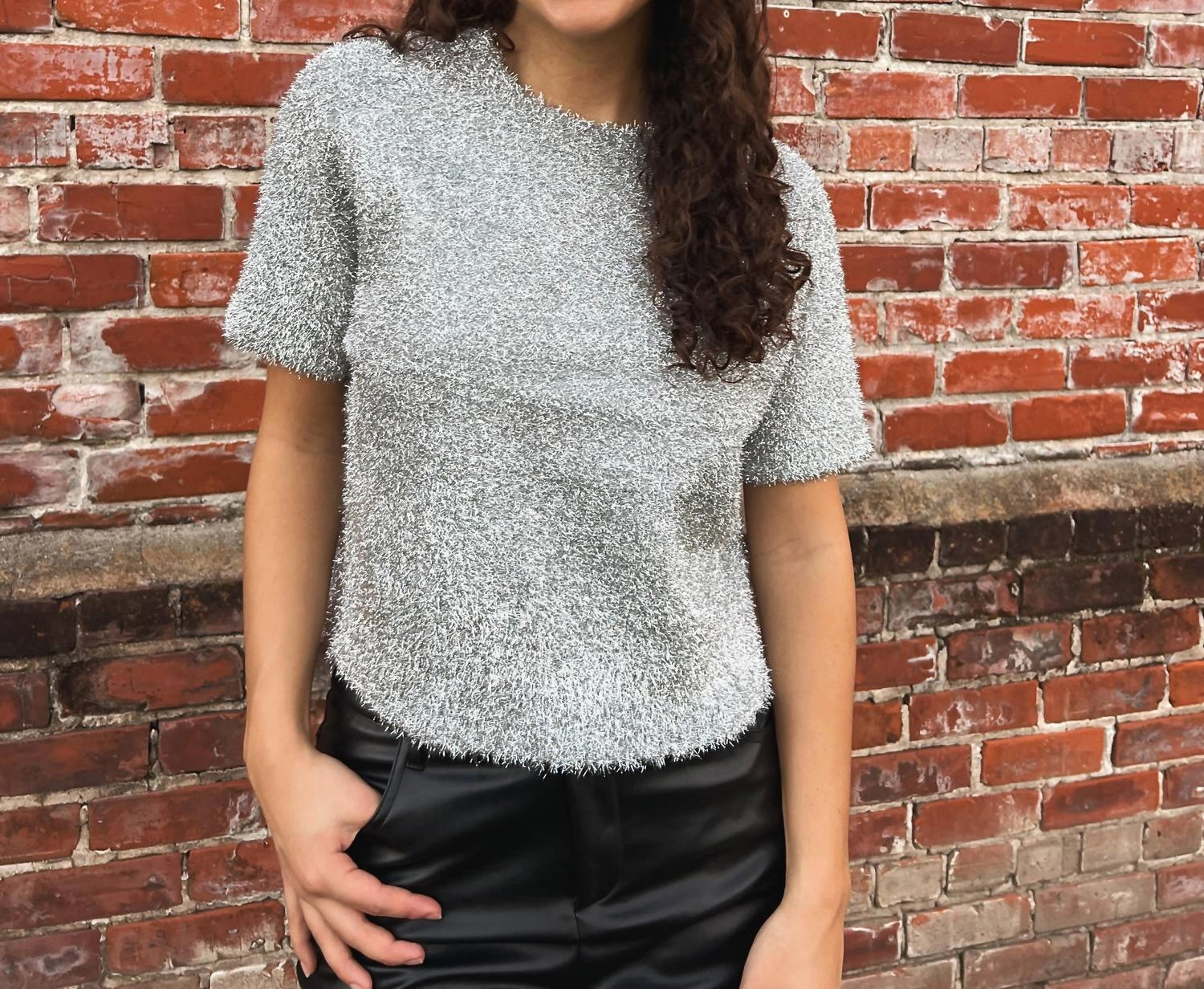 Double Layered Collar Soft Texture Adeline Short Sleeve Sweater Top In Silver