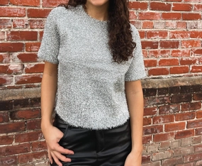 Comfort Knit Piece Adeline Short Sleeve Sweater Top In Silver