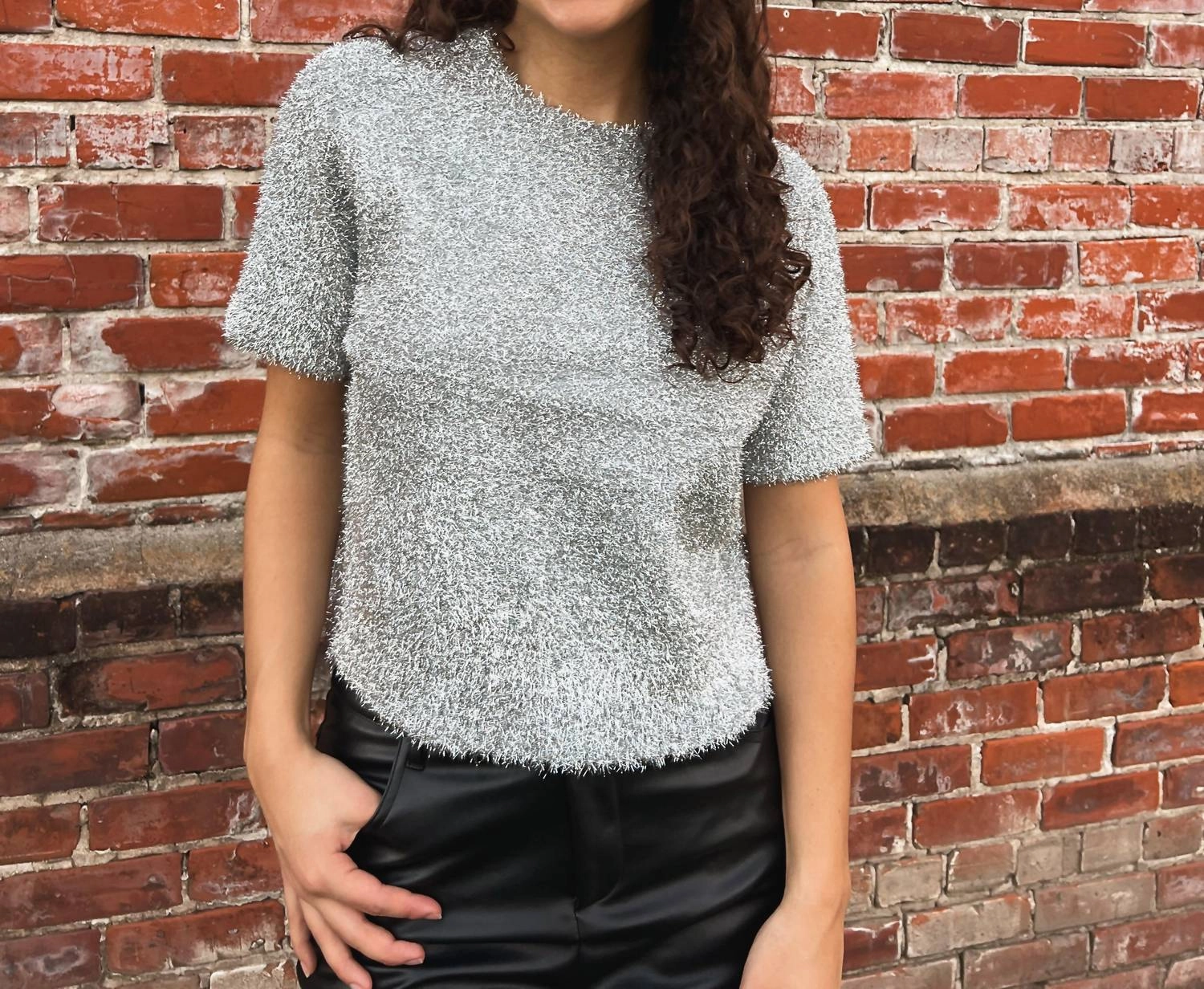 Adeline Short Sleeve Sweater Top In Silver Stylish Layer fuzzy texture