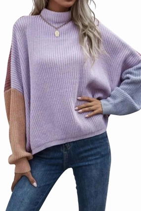 Slouchy Colorblock Ribbed-Knit Sweater In Lavender Layered Style Fashionable knitwear