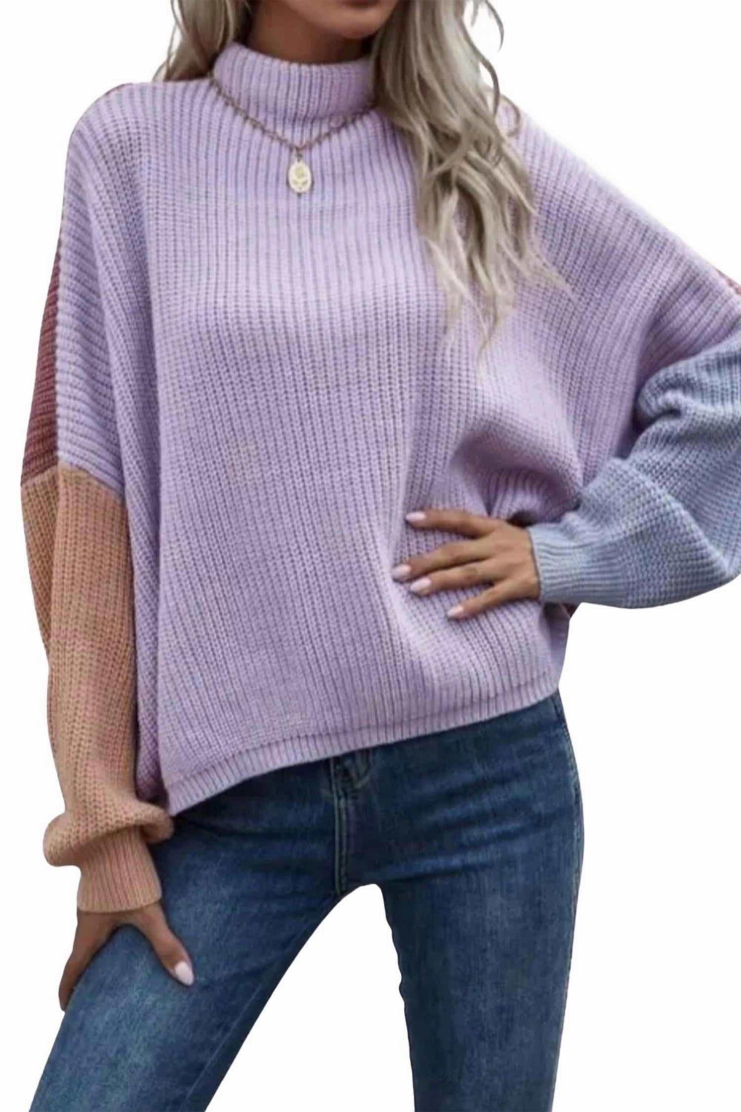 Slouchy Colorblock Ribbed-Knit Sweater In Lavender Layered Style Fashionable knitwear