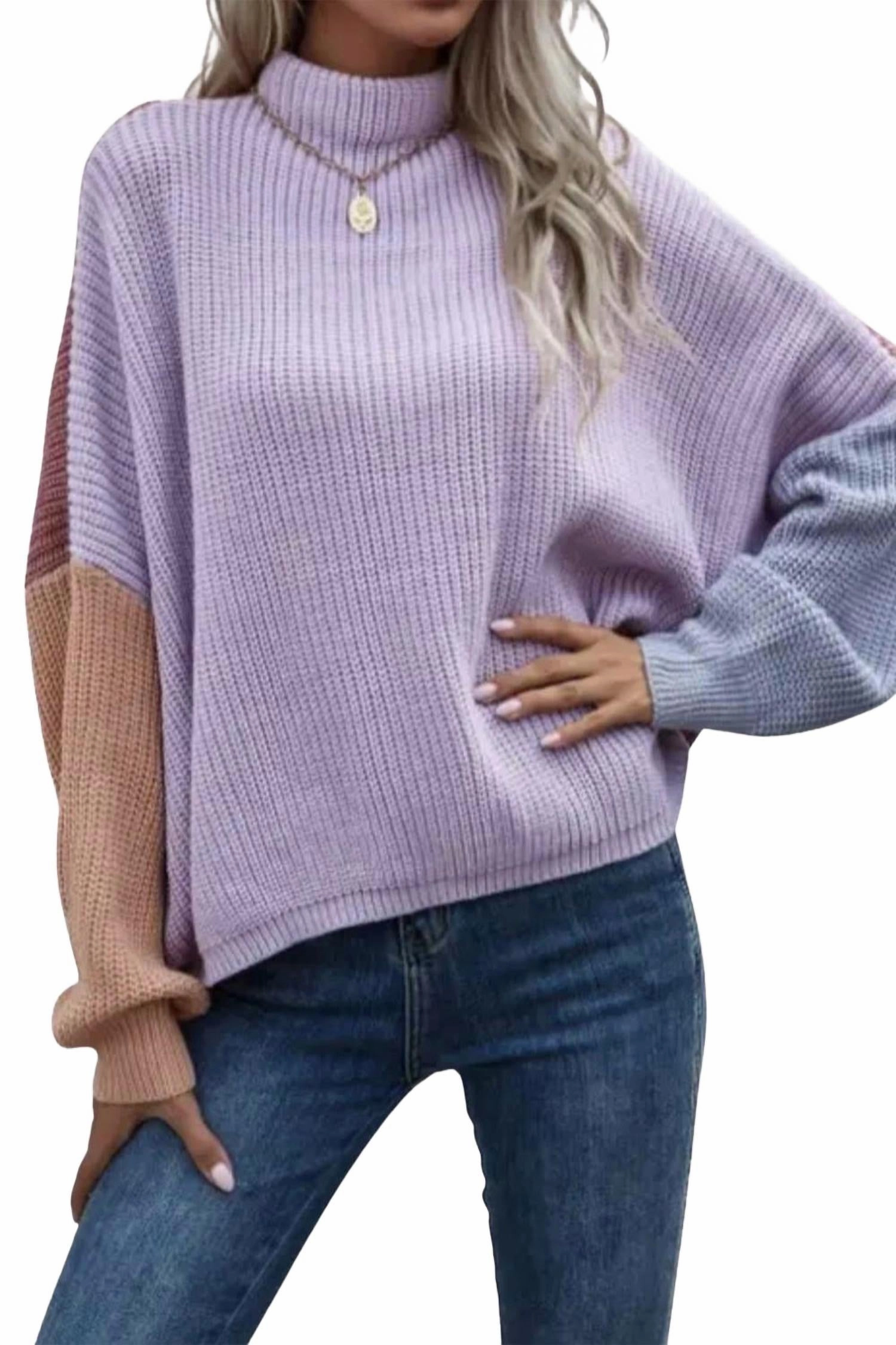 Snuggle Style Slouchy Colorblock Ribbed-Knit Sweater In Lavender