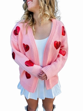 Snuggly Design Classic Knit Be Mine Sequin Heart Cardigans In Blush