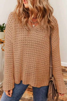 Easy Care Fabric Hollowed Crochet V-Neck Sweater In Light French Beige