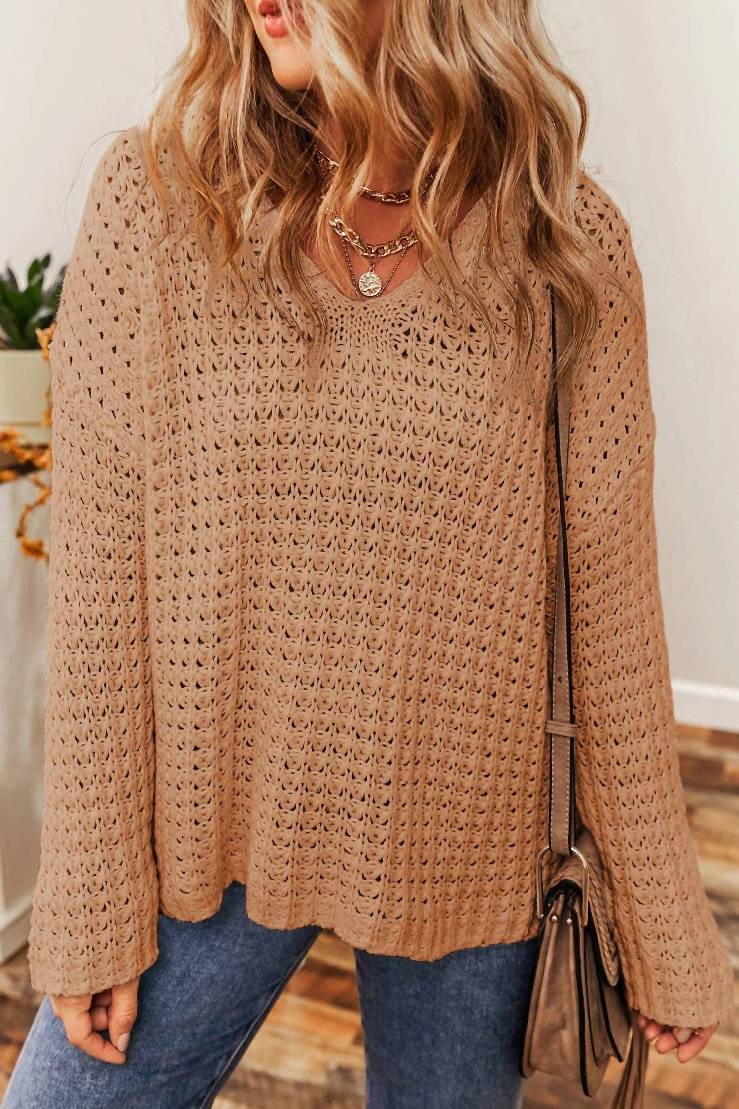 Durable Stitching Hollowed Crochet V-Neck Sweater In Light French Beige