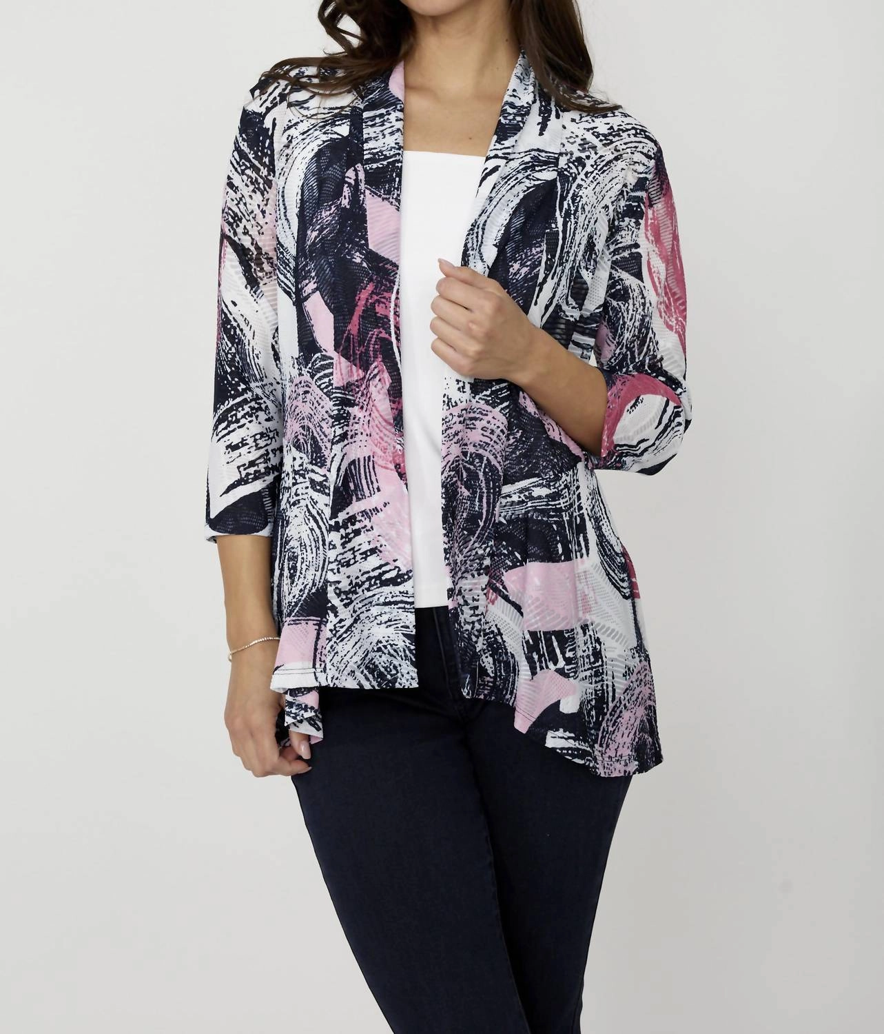 Smart Layers Effortless Layer Knit Throw Over Cardigan In Navy / Pink