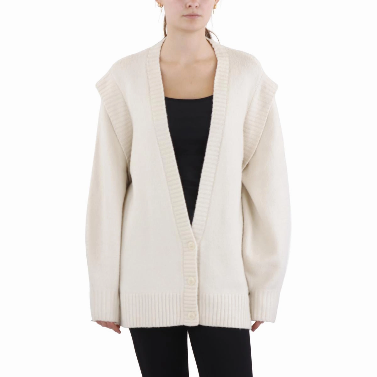 Fashion Knitwear Trendy Wardrobe Plus WMK-Joplyin Shoulder Womens Ribbed Trim  Wool Cardigan Sweater