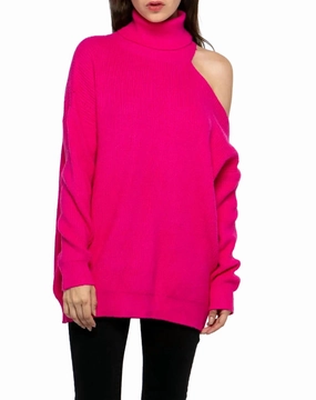 Knitted Layering Perfect Knitwear Shoulder-Baring Turtleneck Sweater In Hot Pink