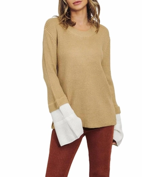 Layered Sleeve Knit Sweater In Beige Microfiber Insulation