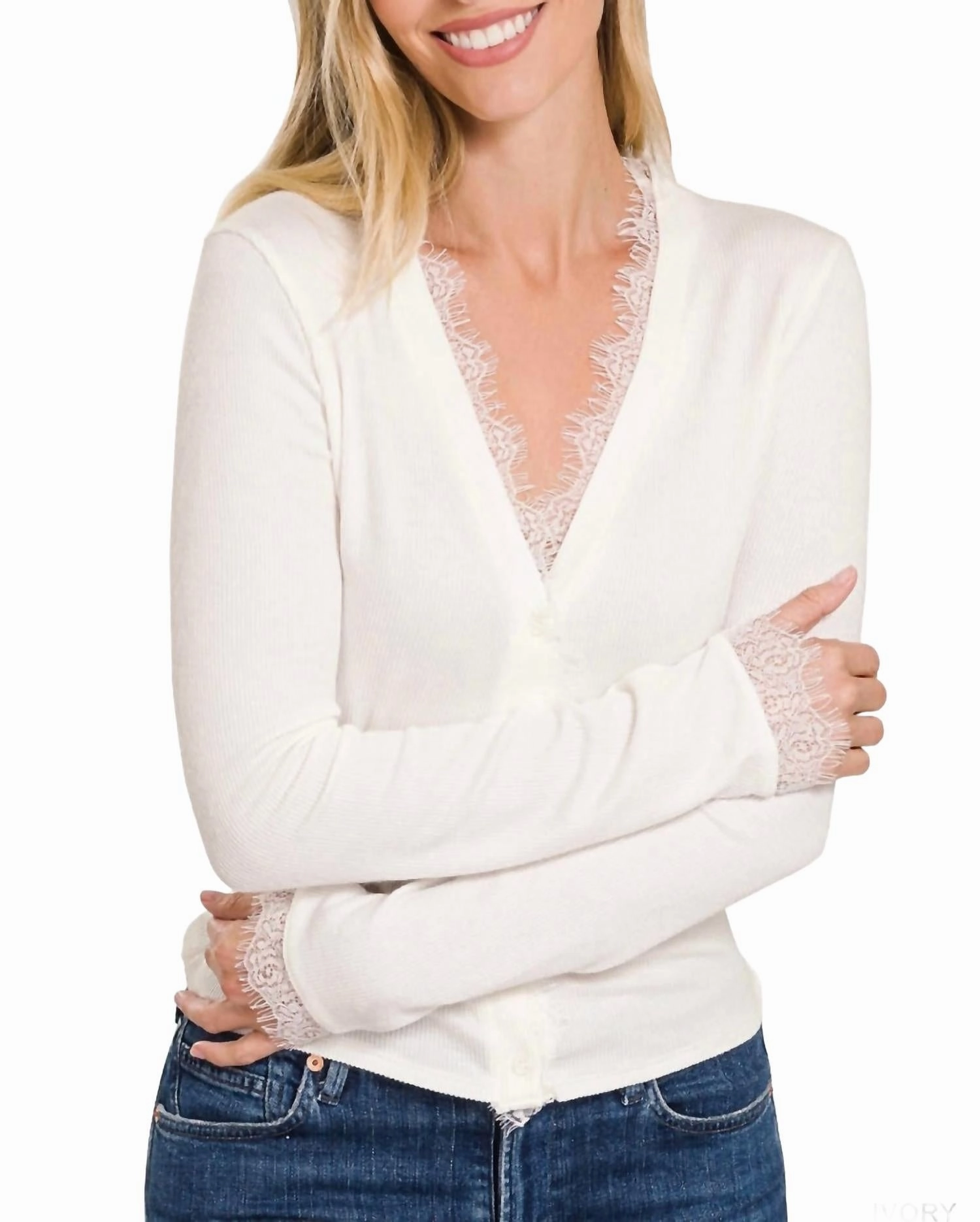 Lace Trim Ribbed Cardigan In Ivory Odor Control Technology Knitted Comfort