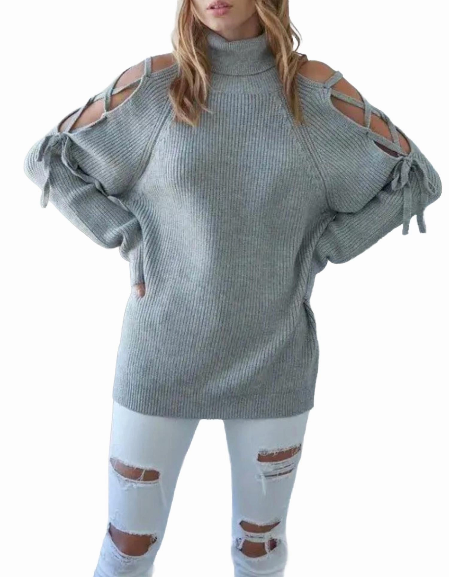 Functional Comfort Lace-Up Shoulder Sweater In Heather Grey