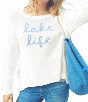 Luxe Wear Lake Life Crew Cotton Sweater In White
