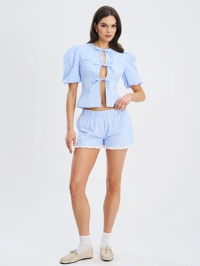 linen option WindResistantWeave Miss Circle Qutayla Baby Blue Gingham Lace Trim Shorts