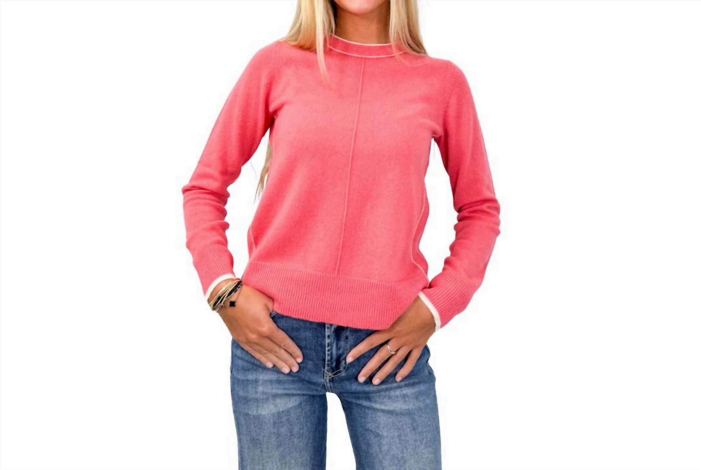 Anti Snag Fabric Soft Knitwear Tipped Crew In Lipstick With Ivory