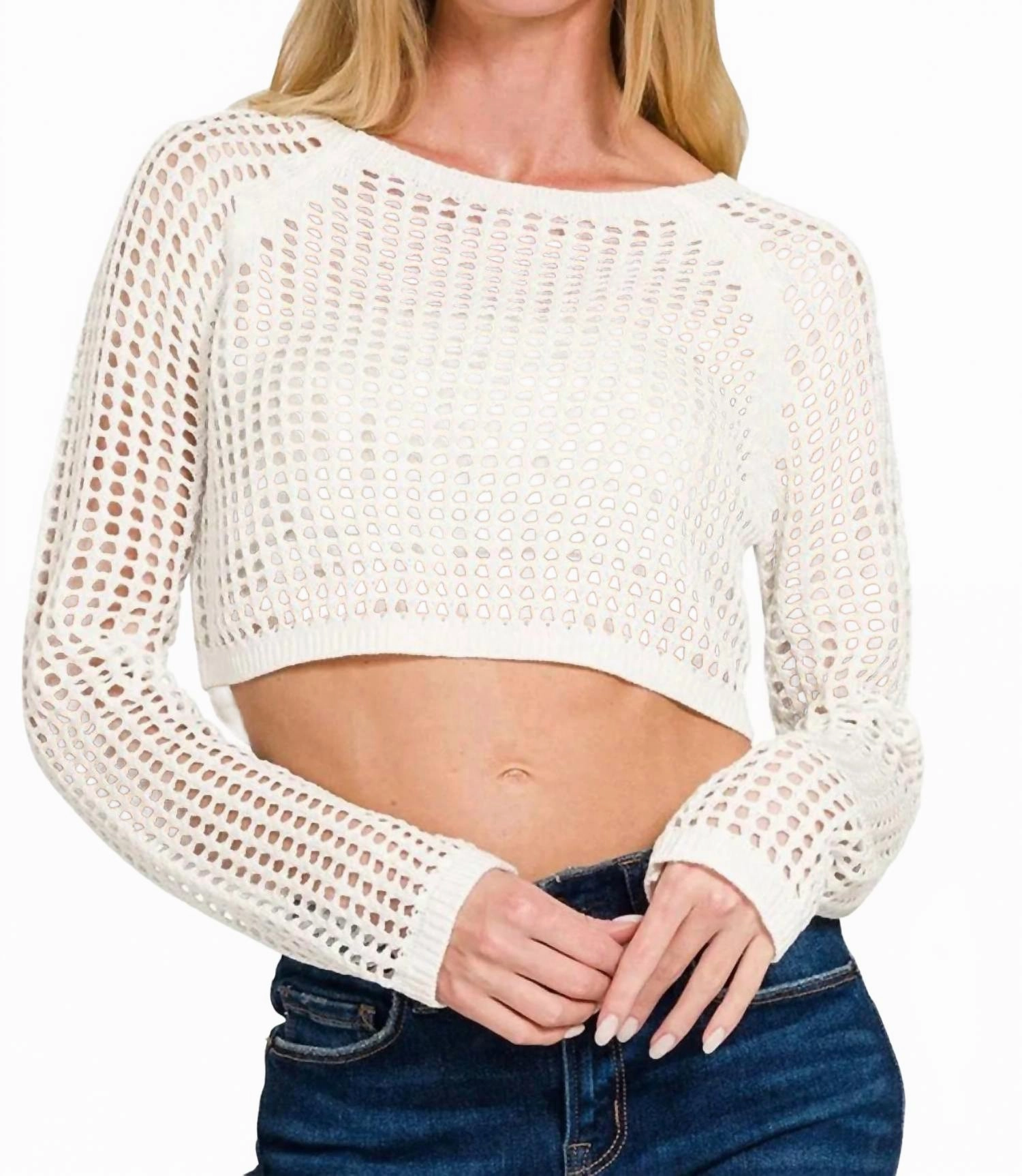 Casual Wear Fast Drying Hollow Knitted Cropped Sweater In White