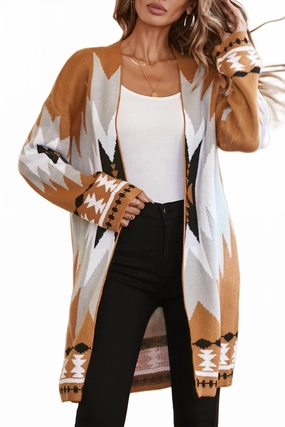 Anti Pilling Treatment Western Graphic Open-Front Cardigan In Gold
