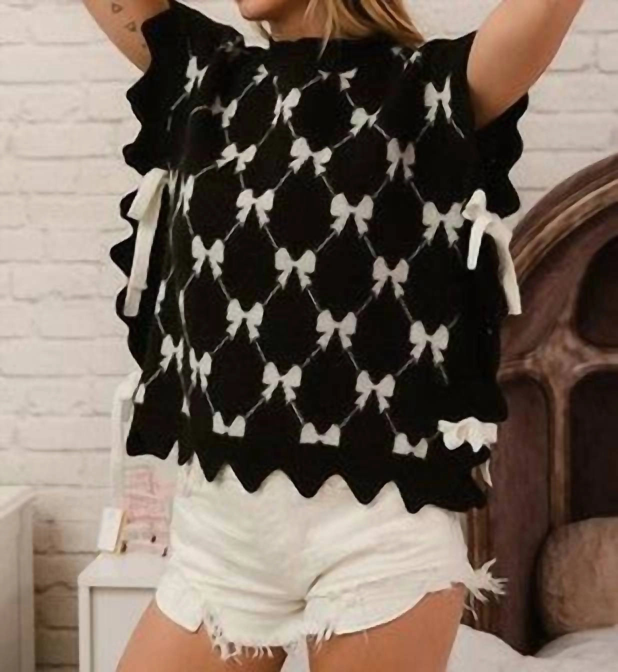 The Marie Bow Sweater Vest In Black & White Layering Essential Casual Knit Wear