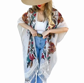 Floral Print Lace Detail Tassel Bottom Kimono In White light layering Cozy Fashion