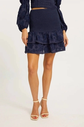 Leah Smocked Mini Skirt In Peacoat Navy Autumn Stroll