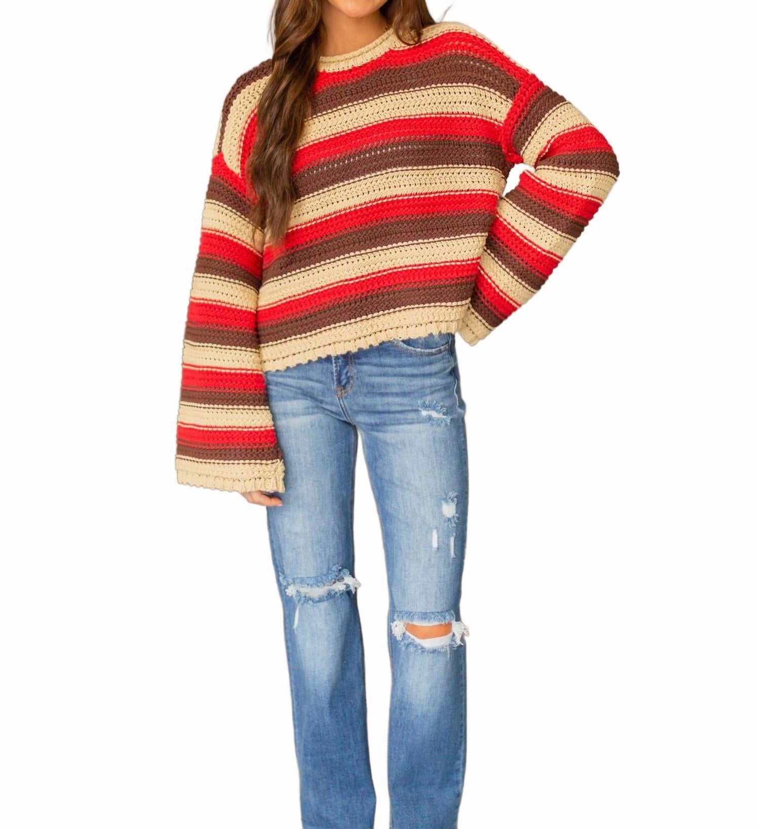 Crew Neck Design Fashion Layers Lennox Sweater In Red