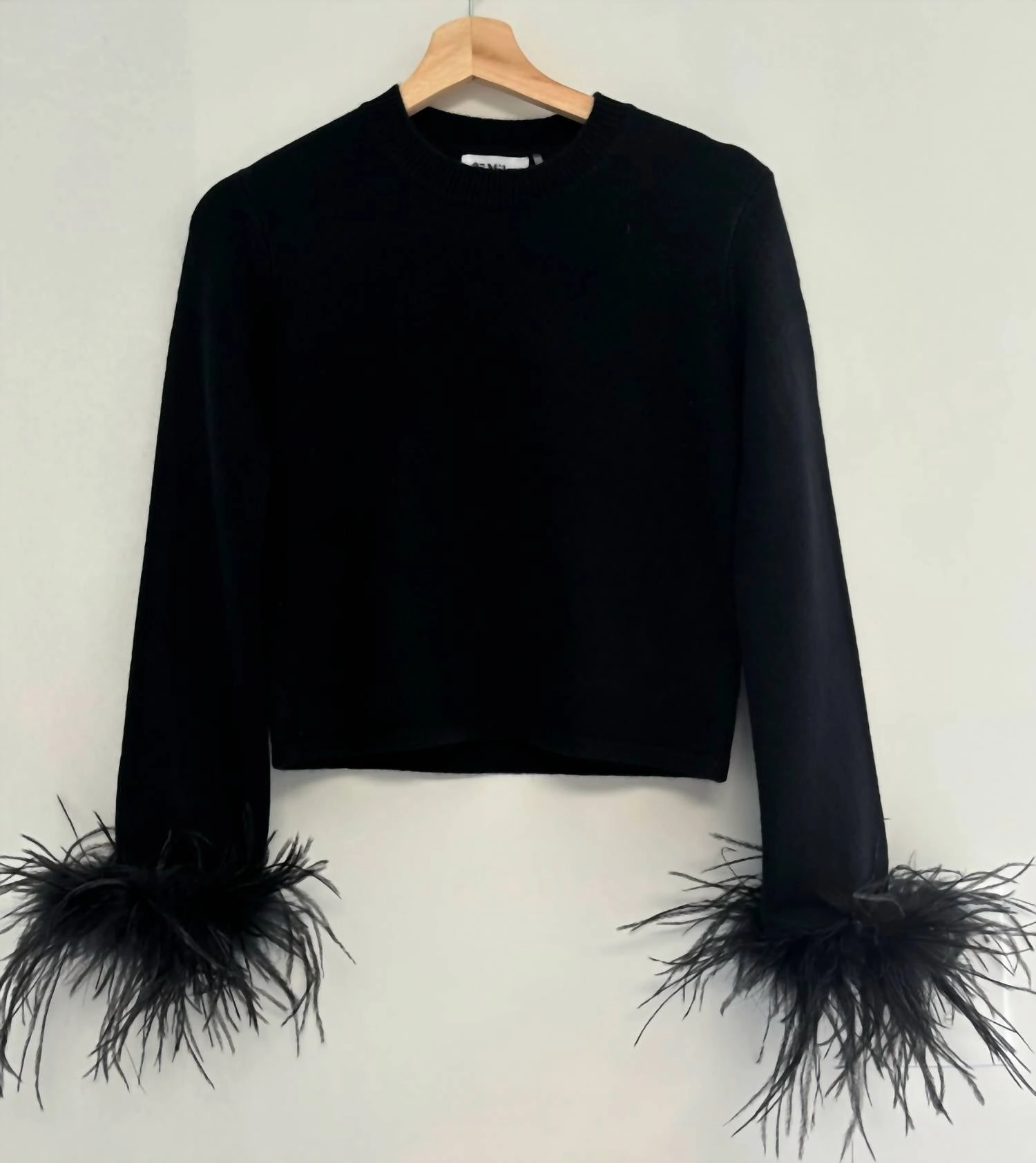 Lenora Top With Feather Cuffs In Black Versatile Layering Piece Knitted Warmth