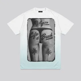 LIFES A BEACH WHITE & PALE BLUE T-SHIRT Relaxed Vibe Festival wear