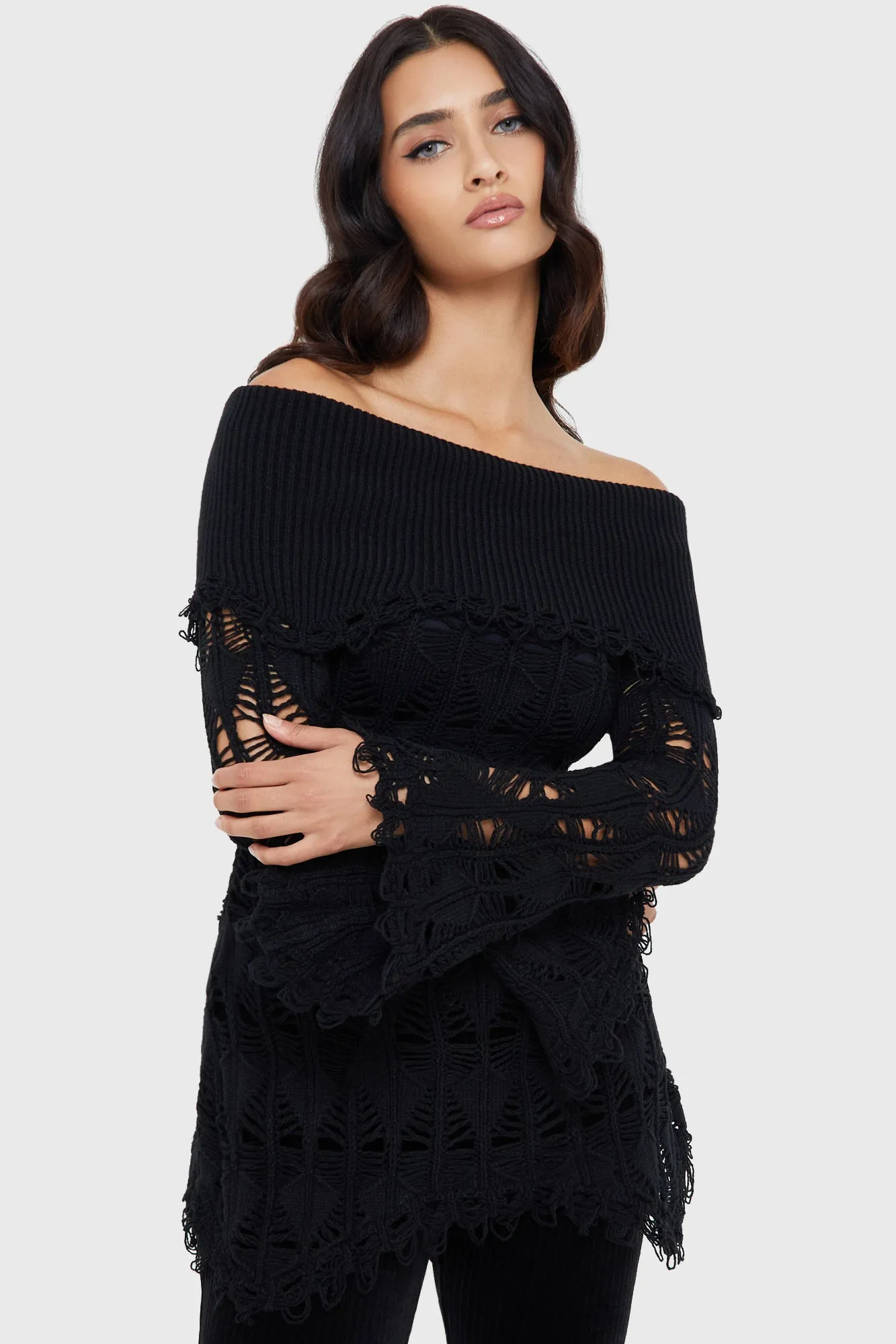 Shadow Wine Sweater [BLACK] Simple Form Flexible Rib Trimming