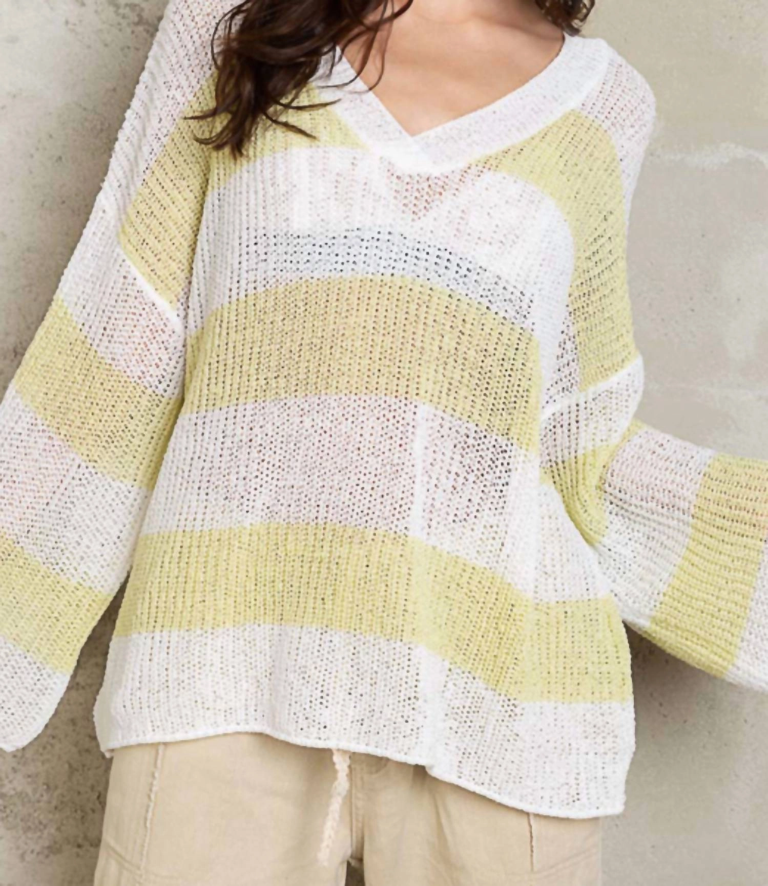 Evelyn Open-Knit Top In White/yellow Snug Knit