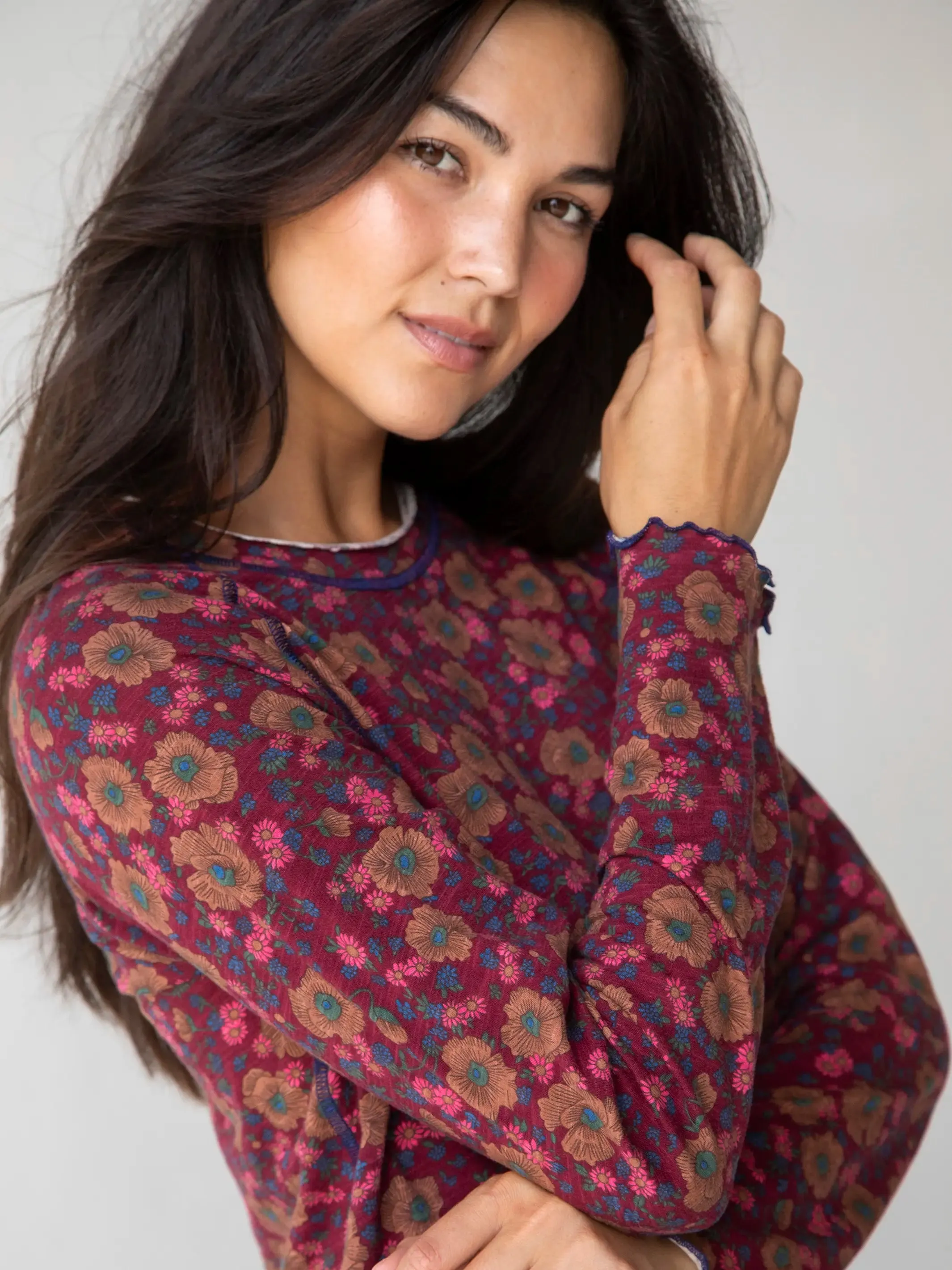 Effortless Comfort Wear Lily Cotton Long Sleeve Tee Shirt - Cranberry Brown Floral