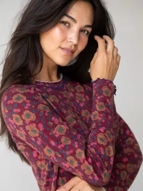 Relaxed Fit Lily Cotton Long Sleeve Tee Shirt - Cranberry Brown Floral