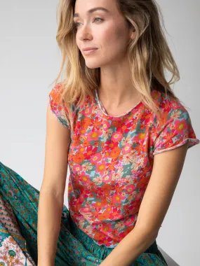 Durable Knit Structure Lily Cotton Short Sleeve Tee Shirt - Pink Red Floral