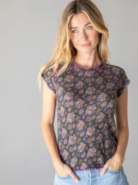 Lily Cotton Short Sleeve Tee Shirt - Slate Floral Blooms Recommended