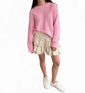 Lily Ruffle Tiered Mini Skirt In Natural/pink Button Details