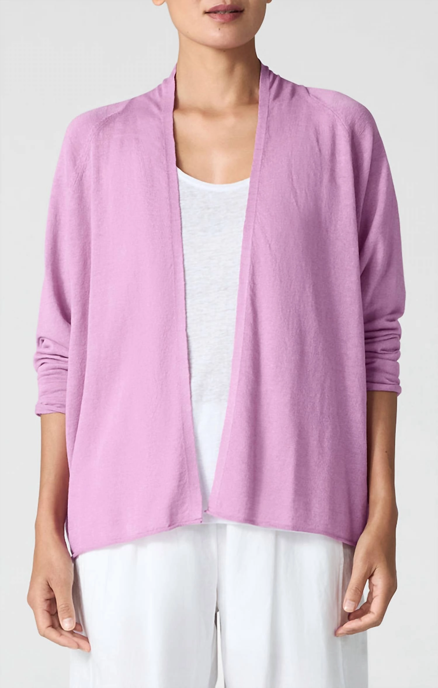 Linen Cotton High Collar Cardigan In French Lilac Garment Dyed Finish Anti Pilling