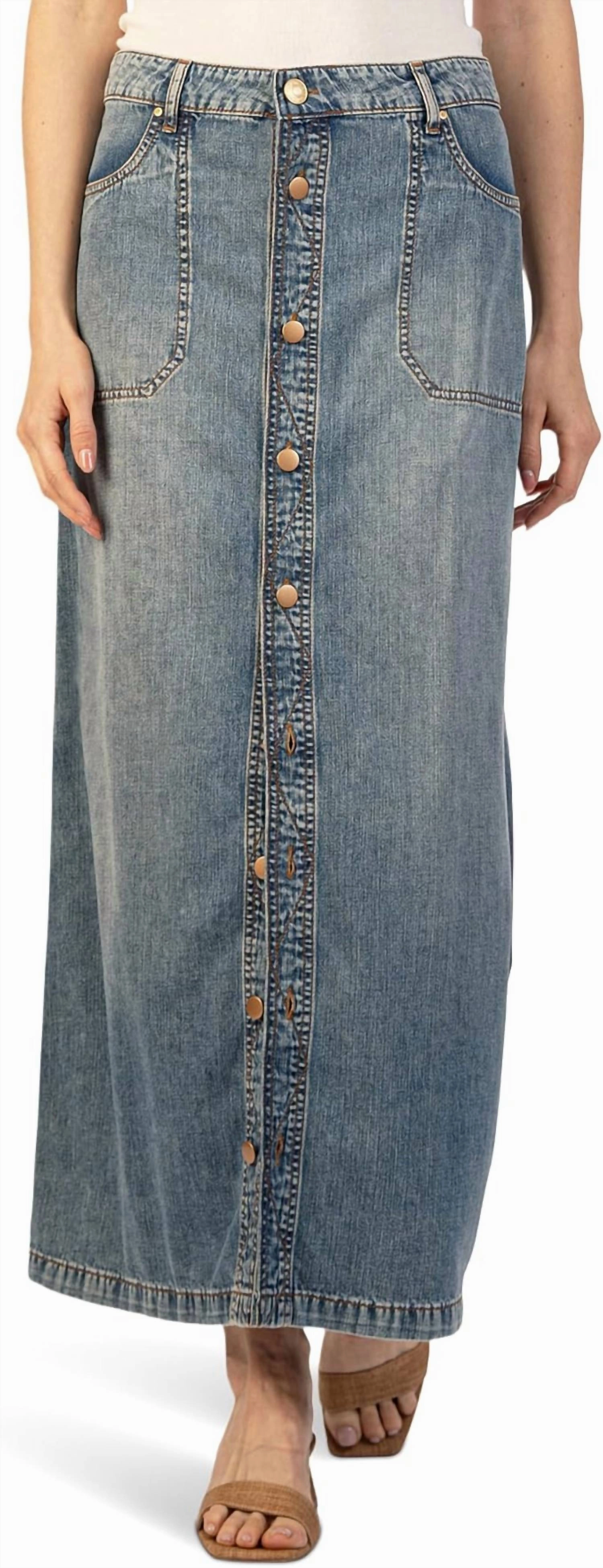 Liora Button Front Long Denim Skirt In Med Wash Slip Resistant Waist